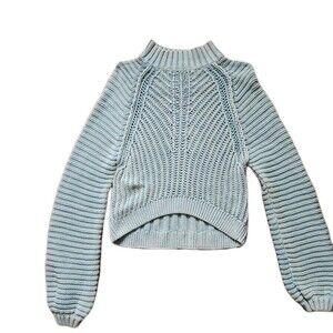 Free People Chunky Knit Sweater XL Blue High Neck Hi Low Hem Long Sleeve EUC